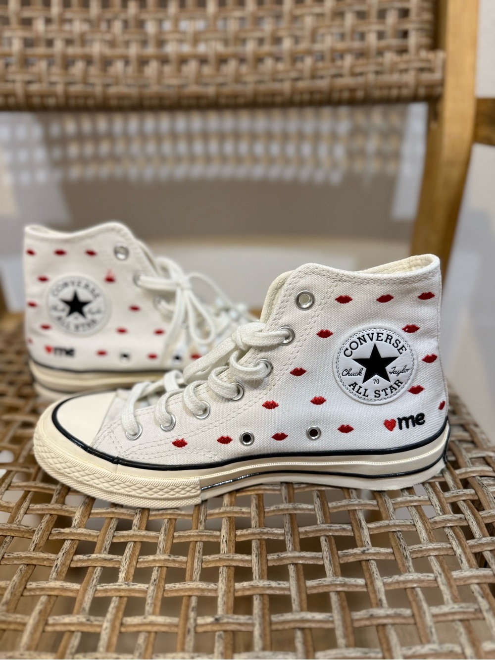 Converse White High Top Sneakers with Red Kiss Print